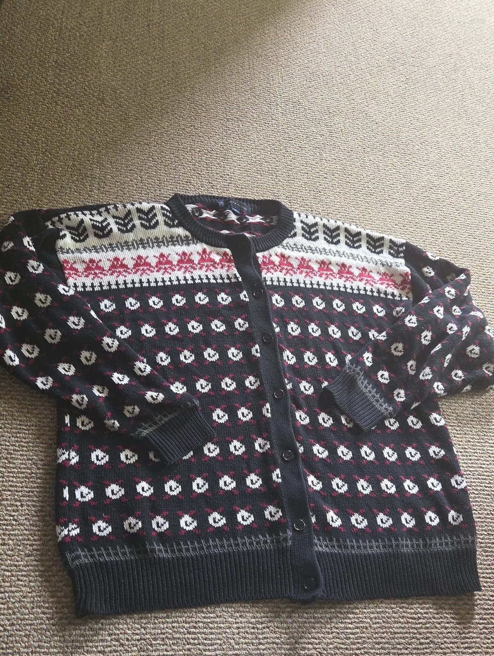 Tommy Hilfiger Black Fair Isle Cardigan with White and Red Pattern